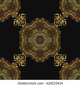 Seamless pattern with golden elements for design in retro style. Universal vector pattern for wallpapers, textile, fabric, wrapping paper, packaging box etc. Vintage pattern on black background.