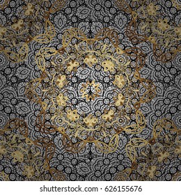 Seamless pattern golden elements. Design vintage for card, wallpaper, wrapping, textile. Gold template. Vector illustration. Royal retro background. Floral classic texture.