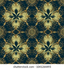 Seamless pattern golden elements. Floral classic texture. Gold template. Vector illustration. Design vintage for card, wallpaper, wrapping, textile. Royal retro on blue, neutral and yellow colors.