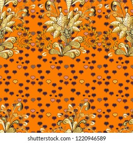 Seamless pattern golden elements. Floral classic texture. Royal retro on orange, brown and yellow colors. Vector illustration. Design vintage for card, wallpaper, wrapping, textile. Gold template.