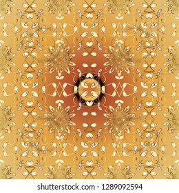 Seamless pattern golden elements. Floral classic texture. Design vintage for card, wallpaper, wrapping, textile. Royal retro on yellow and orange colors. Gold template. Vector illustration.