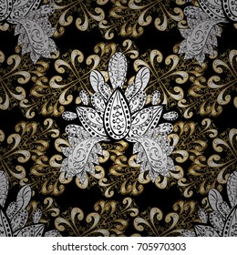Seamless pattern golden elements. Gold template. Design vintage for card, wallpaper, wrapping, textile. Floral classic texture. Royal retro background. Vector illustration.