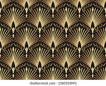 Seamless pattern with golden elements and herbs on black background. Fabric print. Vector illustration. Art deco style.