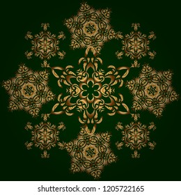 Seamless pattern with golden elements on green background. Good for Christmas cards, decoration, menus, web, banners and designs related to wine and holidays. Vector illustration.