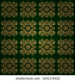 Seamless pattern with golden elements on a green background. A vector golden ornament in east style. Design for the text, invitation cards, various printing editions.