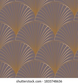 Seamless pattern with golden elements on brown background. Vector illustration. Art deco style. 