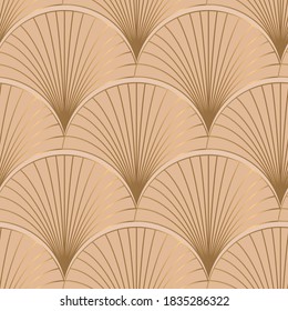 Seamless pattern with golden elements on beige background. Vector illustration. Fabric print.