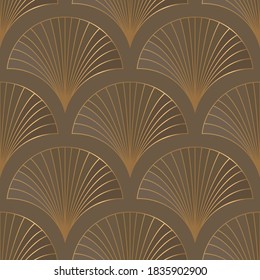 Seamless pattern with golden elements on brown background. Art deco style. Vector illustration.