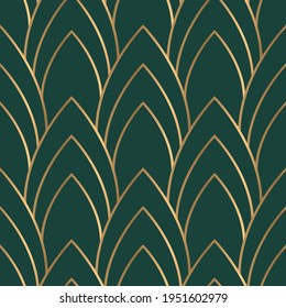 Seamless pattern with golden elements on deep green background. Art deco style. Vector illustration. 