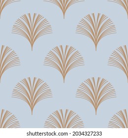 Seamless pattern with golden elements on light blue background. Vector illustration. Fabric print. Art deco illustration.