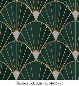 Seamless pattern with golden elements on deep green background. Fabric print. Vector illustration. Art deco style.