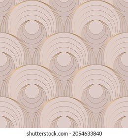 Seamless pattern with golden elements on pink background. Fabric print. Vector illustration. Art deco style.