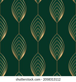 Seamless pattern with golden elements on deep green background. Vector illustration. Fabric print.