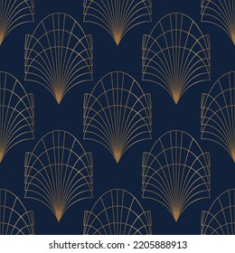 Seamless pattern with golden elements on deep blue. Vector illustration. Art deco style.