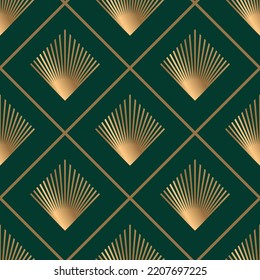 Seamless pattern with golden elements on deep green. Art deco style. Vector illustration. Interior print.