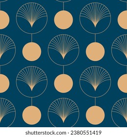 Seamless pattern with golden elements on deep blue. Golden circles. art deco style. Vintage vector print