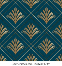 Seamless pattern with golden elements on deep blue background. Art deco style. Vintage print. Vector background