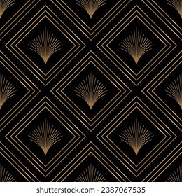 Seamless pattern with golden elements on black background. Art deco style. Luxury background