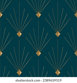 Seamless pattern with golden elements on deep green background. Luxury style. Art deco seamless pattern