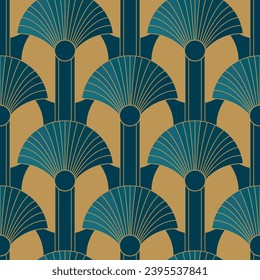 Patrón sin brillo con elementos dorados sobre azul profundo con círculos. De estilo Art Deco. Impresión de lujo. Fondo del vector