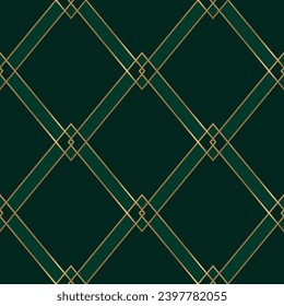 Seamless pattern with golden elements on deep green background. Vector illustration. Vintage print. Art deco style