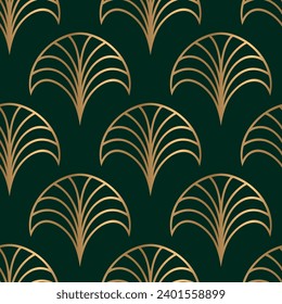 Seamless pattern with golden elements on deep green background. Art deco style. Vector background