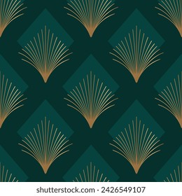 Seamless pattern with golden elements on deep green background. Art deco style. Art deco style. Vector background