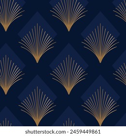 Patrón sin costuras con Elementos dorados sobre fondo azul profundo. Estilo Art Deco. Vector impreso. Patrón sin fisuras de Antiguas.