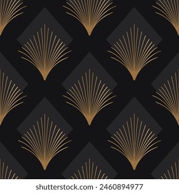 Seamless pattern with golden elements on deep grey background. Art deco style. Vector print. Vintage seamless pattern. Luxury print.