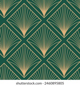 Seamless pattern with golden elements on deep green background. Art deco style. Vector illustration. Interior print. Green background.