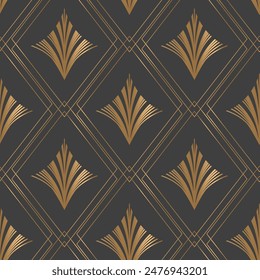 Seamless pattern with golden elements on grey background. Vintage print. Vector illustration.