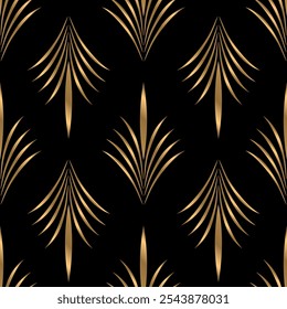 Seamless pattern with golden elements on black background. Art deco style. Vector seamless pattern. Luxury background.