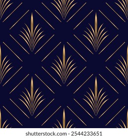 Seamless pattern with golden elements on black background. Art deco style. Vector seamless pattern.