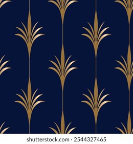 Seamless pattern with golden elements on deep blue background. Art deco style. Vintage seamless pattern. Interior wallpaper print.