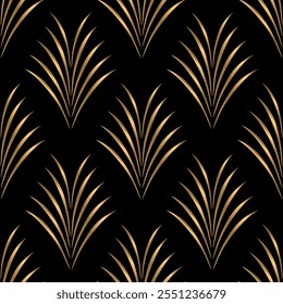 Seamless pattern with golden elements on black background. Art deco style. Vector seamless pattern.