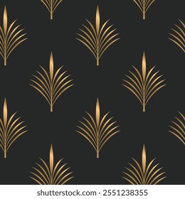Seamless pattern with golden elements on deep grey background. Art deco style. Vector seamless pattern.