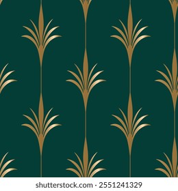 Seamless pattern with golden elements on deep green background. Art deco style. Vector seamless pattern. Vintage luxury background.