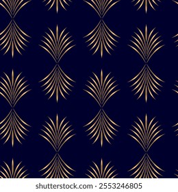 Seamless pattern with golden elements on deep blue background. Art deco style. Vector seamless pattern. Luxury wallpaper print
