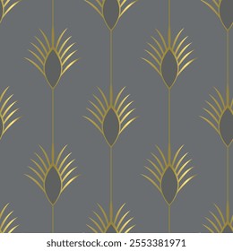 Seamless pattern with golden elements on grey background. Art deco style. Vector seamless pattern. Vintage wallpaper print
