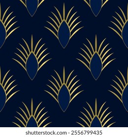 Seamless pattern with golden elements on deep blue background. Art deco style. Luxury print. Vector seamless pattern.