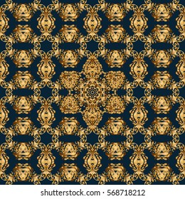 Seamless pattern with golden elements on a blue background. A vector golden ornament in east style. Design for the text, invitation cards, various printing editions.