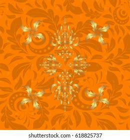 Seamless pattern with golden elements on a orange background. A vector golden ornament in east style. Design for the text, invitation cards, various printing editions.