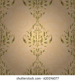 Seamless pattern with golden elements on beige background. Good for Christmas cards, decoration, menus, web, banners and designs related to wine and holidays. Vector illustration.