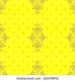 Seamless pattern with golden elements on yellow background. Vector illustration.