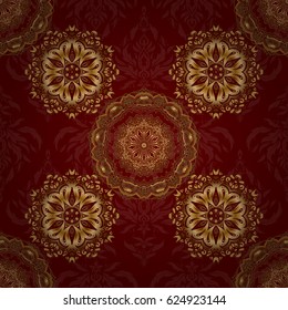 Seamless pattern with golden elements on red background. Good for Christmas cards, decoration, menus, web, banners and designs related to wine and holidays. Vector illustration.