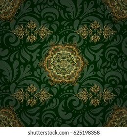 Seamless pattern with golden elements on green background. Good for Christmas cards, decoration, menus, web, banners and designs related to wine and holidays. Vector illustration.
