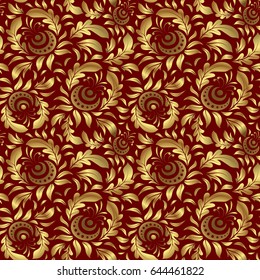 Seamless pattern with golden elements on red background. Good for Christmas cards, decoration, menus, web, banners and designs related to wine and holidays. Vector illustration.