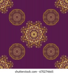 Seamless pattern of golden elements on a purple backdrop. Kit for decorating festive greeting cards. Golden glitter ornaments on a purple background with glowing lights.