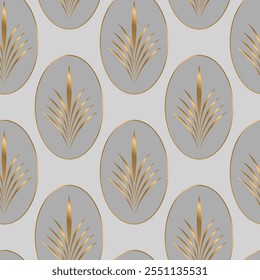 Seamless pattern with golden elements and ovals on light grey background. Art deco style. Vector background.