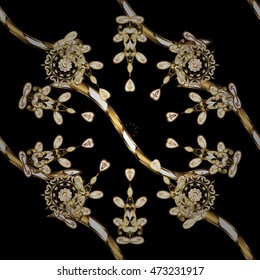 Seamless pattern golden elements. Royal retro on black, brown and beige colors. Vector illustration. Gold template. Floral classic texture. Design vintage for card, wallpaper, wrapping, textile.